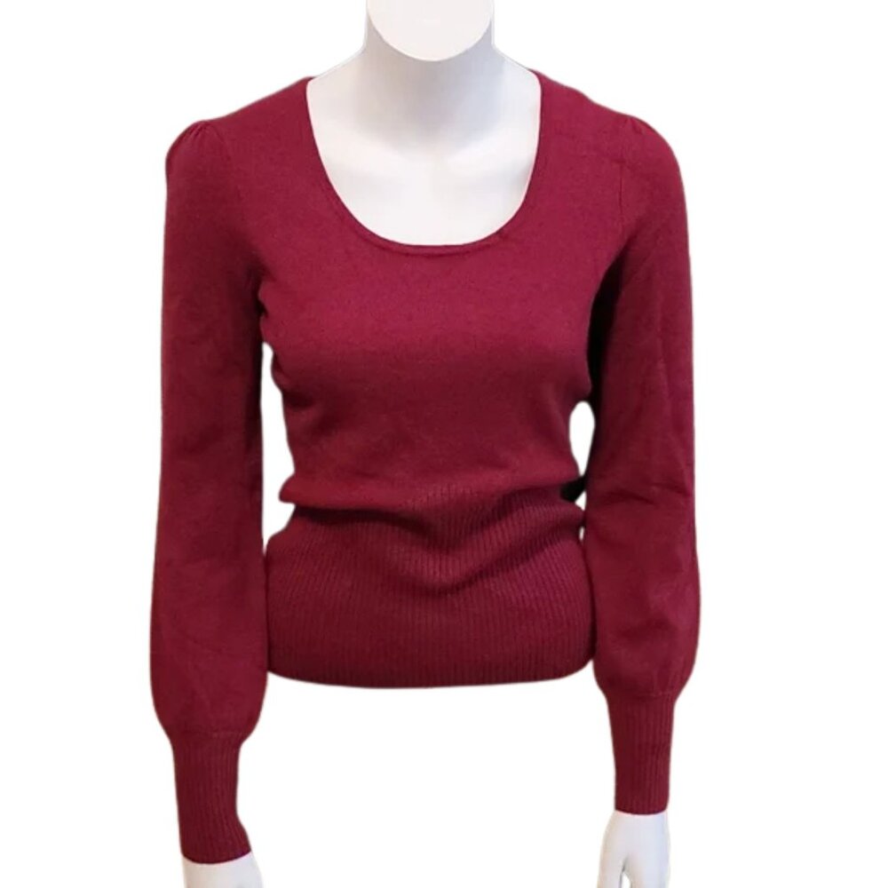 Wine CASHMERE Ribbed Detail Sweater with Lil Puff Sleeves U-Neck Sz. S